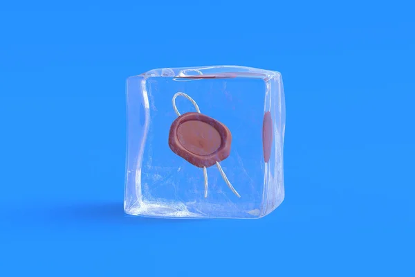 Seal wax stamp in ice cube. 3d illustration