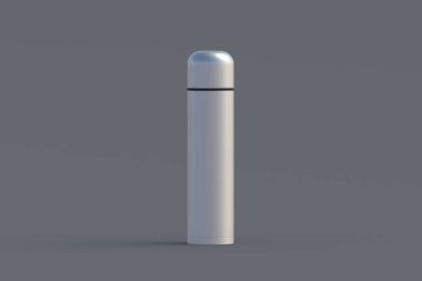 Gri arka planda alüminyum termos. Metalik termo matara. 3d oluşturma