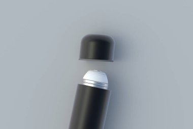 Gri arka planda termos. Metalik termo matara. Üst Manzara. 3d oluşturma