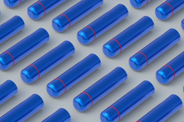 Gri arkaplandaki termoslar. Metalik termo mataralar. 3d oluşturma