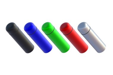 Beyaz arkaplanda izole edilmiş çok renkli termoslar. 3d oluşturma