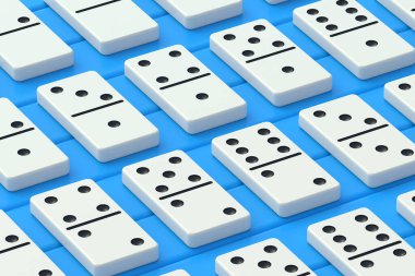 Mavi arka planda domino taşları var. Masa oyunu. Eğlenmek için eğlence. 3d hazırlayıcı
