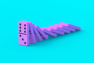 Turkuaz arka planda pembe domino taşları. Zincir etkisi. Masa oyunu. 3d hazırlayıcı