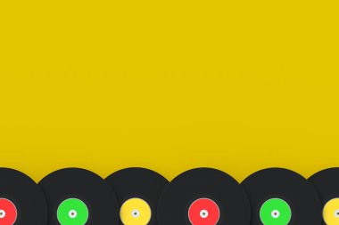 Sarı arka planda vinil plaklar var. Klasik müzik. Eski ses ekipmanları. Üst Manzara. Uzayı kopyala 3d hazırlayıcı