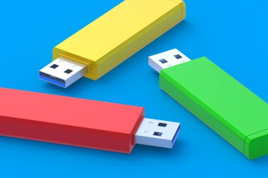 Flaş bellekler, USB bellekler mavi panolarda. Elektronik erişim anahtarı. Veri deposu. 3d hazırlayıcı