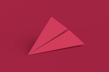 Paper plane of magenta on red background. Color of the year 2023. 3d render