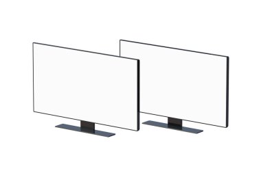 Two flat wide TV with white screen isolated on white background. 4k blank monitor. Widescreen for presentation. lcd panel. 3d render