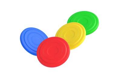 Colorful frisbee disk isolated on white background. Plastic discs. Beach games. Outdoor activity. Summer entertainment. Toy for summertime vacation on sea. 3d render