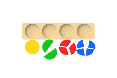 Fragmented circles isolated on white background. Educational logic toys. Montessori games. Top view. 3d render