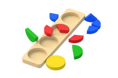 Fragmented circles isolated on white background. Educational logic toys. Montessori games. 3d render