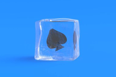 Playing card symbol spade in ice cube. 3d illustration