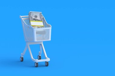 Stack of money in market cart. Heap of dollars. Copy space. 3d render