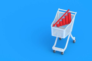 Decrease graph with red arrow in market cart. Copy space. 3d render