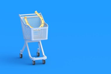 Golden horseshoe in market cart. Copy space. 3d render