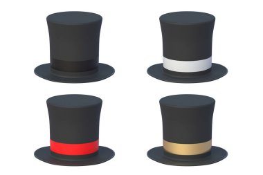 Set of hat top isolated on white background. Magical accessory. 3d render