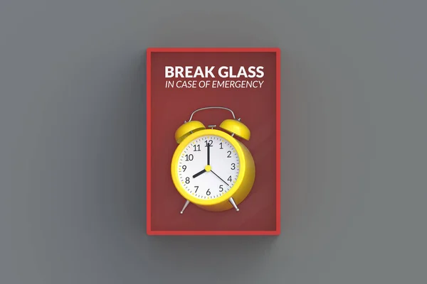 Alarm clock in red emergency box on gray wall. 3d render