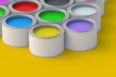 Colorful paints in cans. Copy space. 3d render