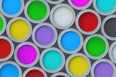 Colorful paints in cans. Top view. 3d render