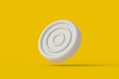 Falling one checkers piece on yellow background. Board game. Hobby and leisure. Kids toys. 3d render