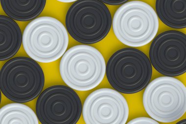 Scattered checkers game on yellow background. Board game. Hobby and leisure. Kids toys. Top view. 3d render
