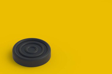 Checkers piece in corner on yellow background. Board game. Hobby and leisure. Kids toys. Copy space. 3d render