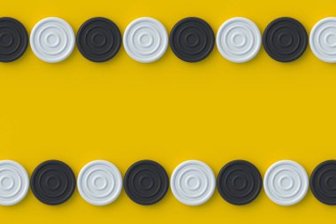 Two rows of checkers pieces on yellow background. Board game. Hobby and leisure. Kids toys. Top view. Copy space. 3d render