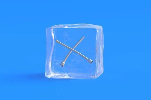 Cross wrench for wheel in ice cube. 3d illustration