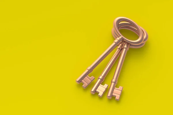 Heap of old vintage keys. Symbol of success business. Buying a house. Rental property. Copy space. Top view. 3d render