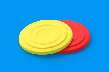 Frisbee discs on blue background. Summertime vacation. Toy for game on beach. Summer leisure. 3d render
