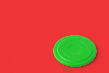 Frisbee disc in corner on red background. Summertime vacation. Toy for game on beach. Summer leisure. Copy space. 3d render