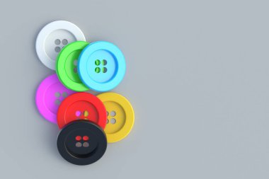 Kıyafetler için bir sürü düğme. Tekstil endüstrisi. İğne işi aksesuarlar. Üst Manzara. Uzayı kopyala 3d hazırlayıcı