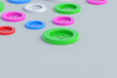 Kıyafetler için dağınık düğmeler. Tekstil endüstrisi. İğne işi aksesuarlar. Uzayı kopyala 3d hazırlayıcı