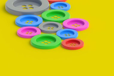 Kıyafetler için rengarenk düğmeler. Tekstil endüstrisi. İğne işi aksesuarlar. Uzayı kopyala 3d hazırlayıcı