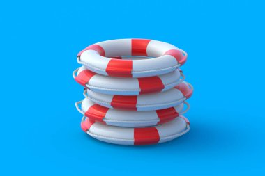 Bir yığın cankurtaran şamandırası. Seyahat ya da tatil. Yaz konsepti. Deniz güvenliği. Denizde yardım ve kurtarma. 3d hazırlayıcı