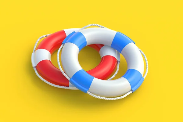 两个黄色背景的救生圈 旅行或度假 夏天的概念 海事安全 海上救援和救援 3D渲染 — 图库照片
