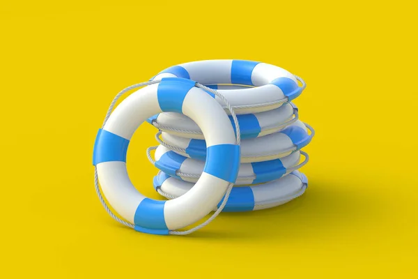 黄色背景上的救生圈隆隆作响 旅行或度假 夏天的概念 海事安全 海上救援和救援 3D渲染 — 图库照片
