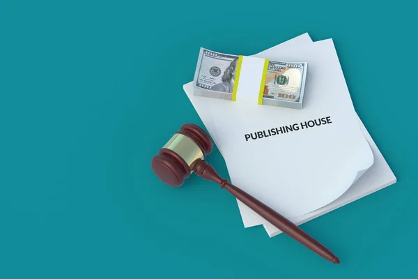 Stack of paper sheets with inscription publishing house near judge hammer. Copyright infringement concept. Fines and forfeits. Legal action. 3d render