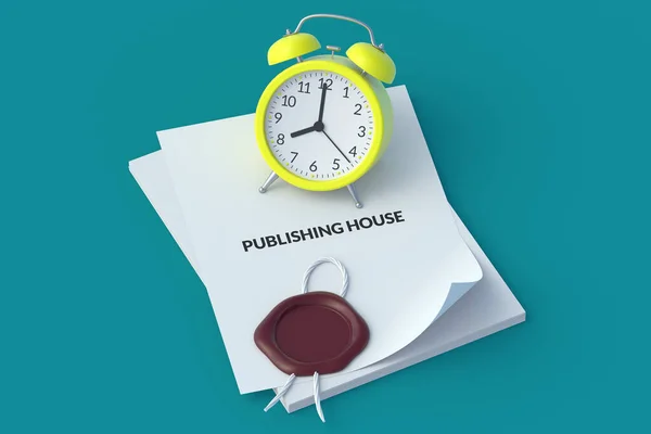 Stack of paper sheets with inscription publishing house near alarm clock and wax seal. Sales start deadlines concept. Print speed. Approval time. 3d render