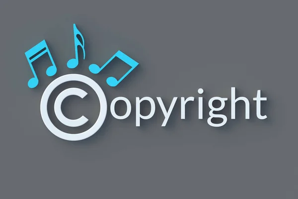 Copyright symbol near notes. Intellectual property concept. Copyright of the music or song. Top view. 3d render