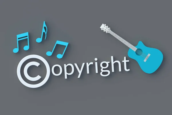 Copyright symbol near guitar and notes. Intellectual property concept. Copyright of the music or song. Top view. 3d render