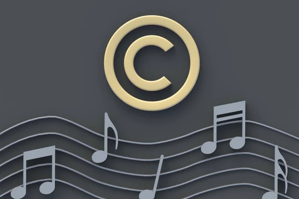 Copyright symbol near notes. Intellectual property concept. Copyright of the music or song. Top view. 3d render