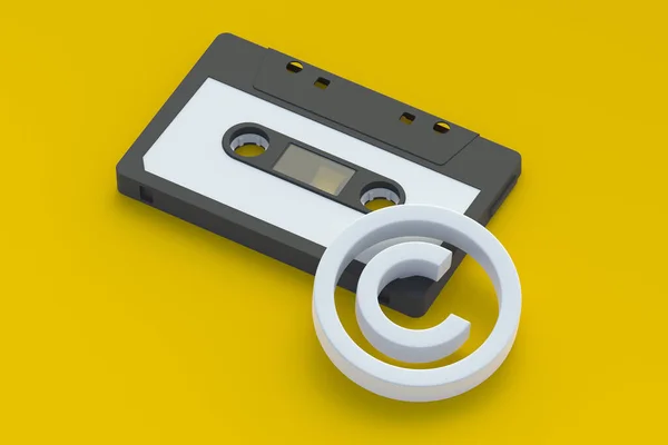 Copyright symbol near cassette. Intellectual property concept. Copyright of the music or song. 3d render
