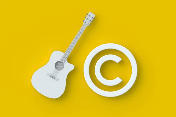 Copyright symbol near guitar. Intellectual property concept. Copyright of the music or song. Top view. 3d render