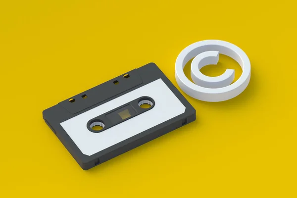 Copyright symbol near cassette. Intellectual property concept. Copyright of the music or song. 3d render