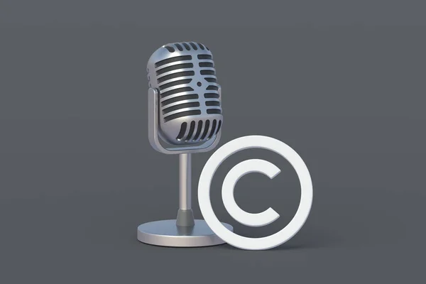 Copyright symbol near microphone. Intellectual property concept. Copyright of the music or song. 3d render