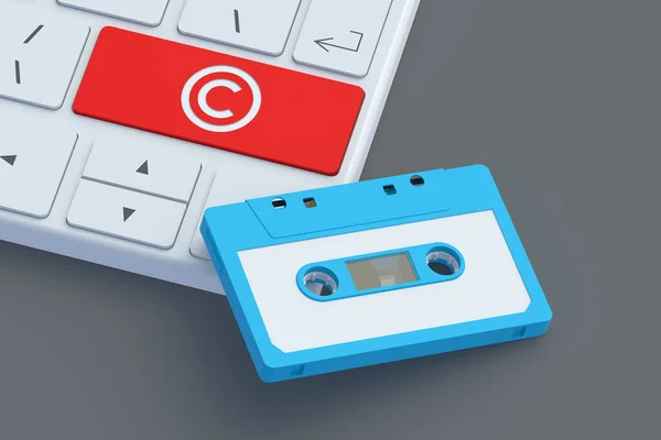 Copyright symbol on red keyboard button near cassette. Intellectual property concept. Copyright of the music or song. 3d render