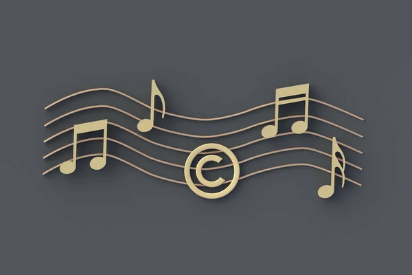 Golden copyright symbol and notes. Intellectual property concept. Copyright of the music or song. Top view. 3d render