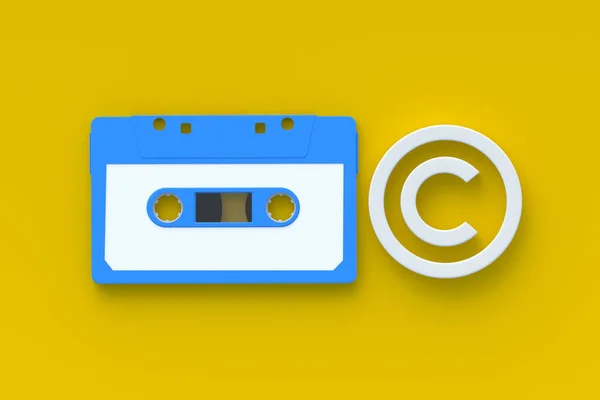 Copyright symbol near cassette. Intellectual property concept. Copyright of the music or song. Top view. 3d render