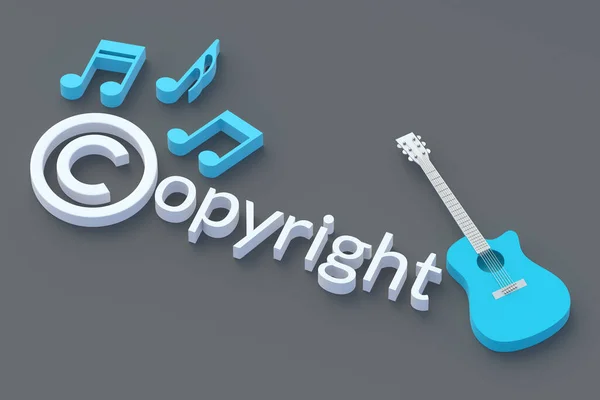Copyright symbol near guitar and notes. Intellectual property concept. Copyright of the music or song. 3d render