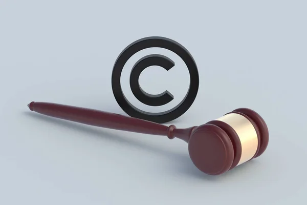 Copyright symbol near judge hammer. Intellectual property concept. 3d render